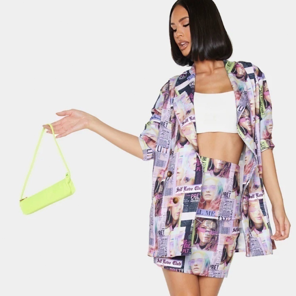 NWOT Pretty Little Thing Multi Magazine Printed Oversized Cardigan Blazer Sz 6